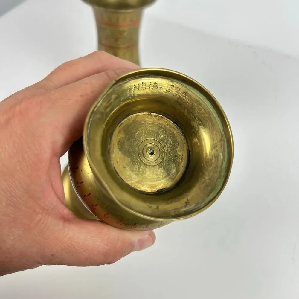 Vintage Brass Hand Carved Etched Brass Vases Set of 2 Made in India Red